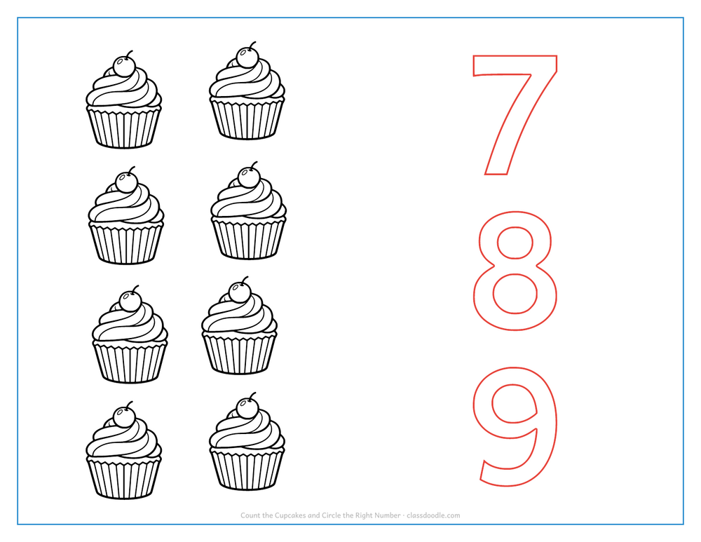 Count and circle worksheet with eight cupcakes to count and three outline numbers to choose from
