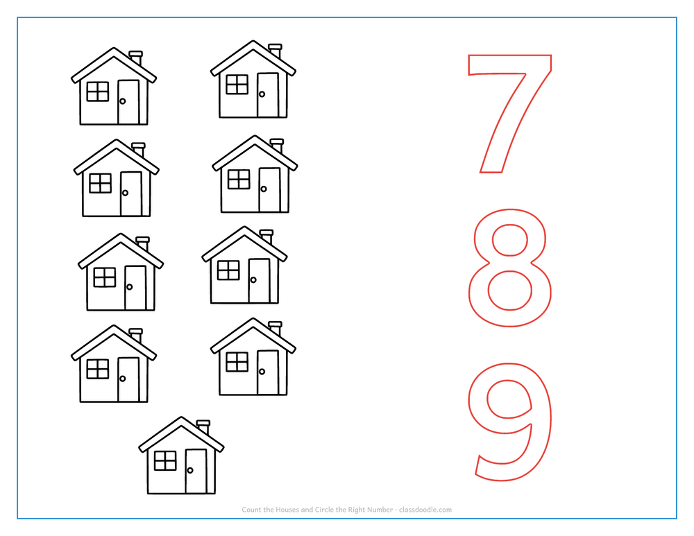 Count and circle worksheet with nine houses to count and three outline numbers to choose from