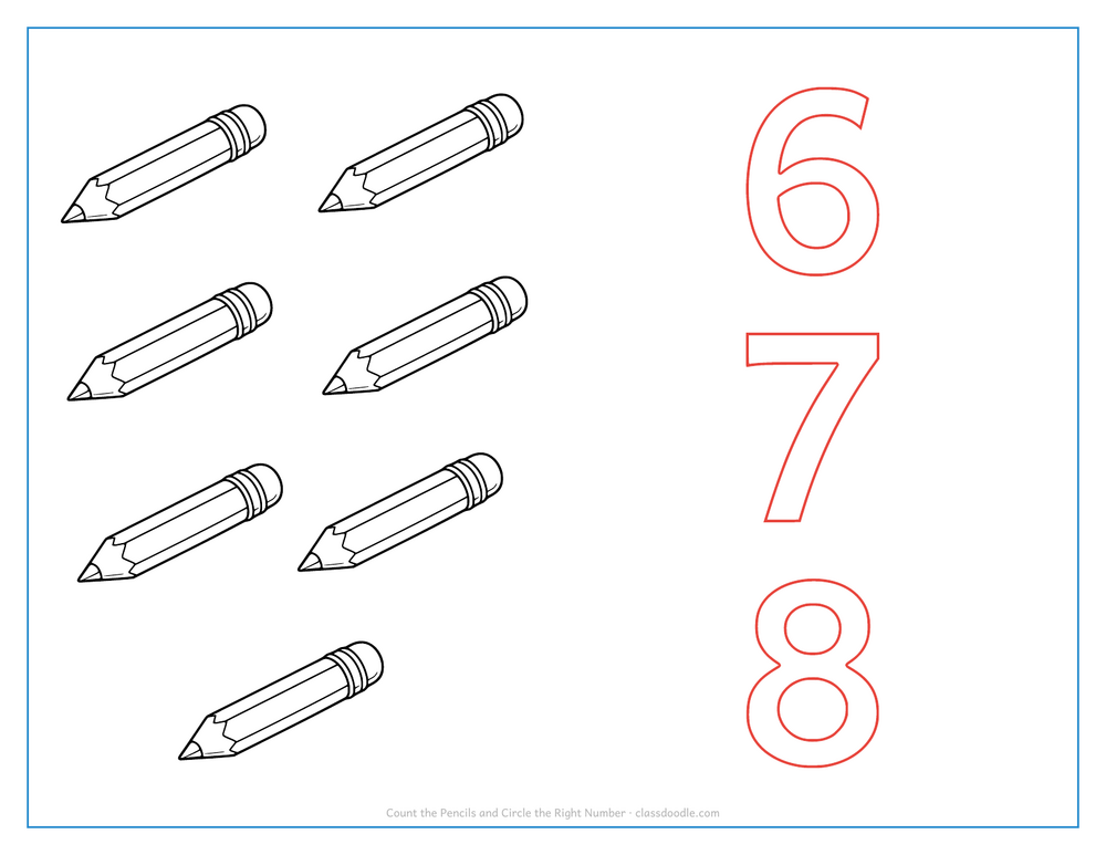Count and circle worksheet with seven pencils to count and three outline numbers to choose from