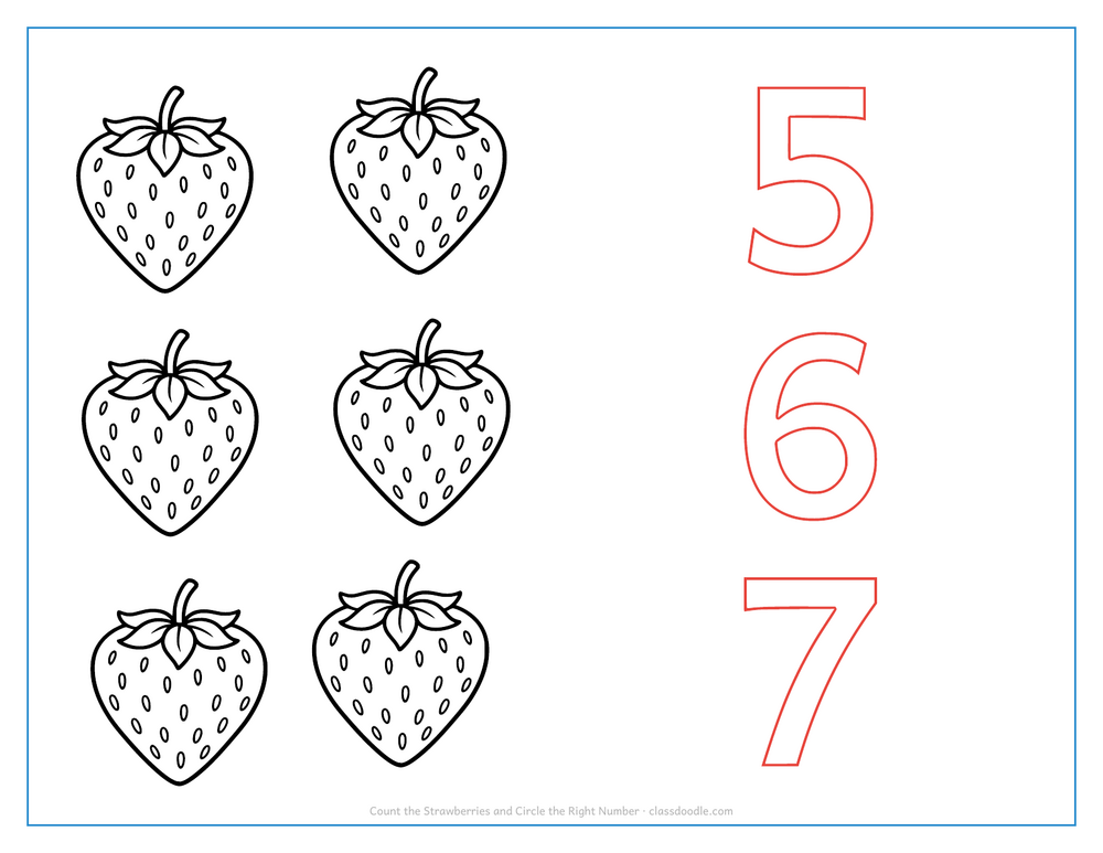 Count and circle worksheet with six strawberries to count and three outline numbers to choose from
