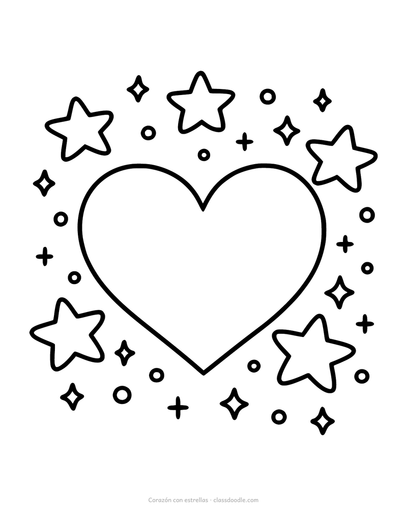 Corazón con estrellas para colorear rodeado de destellos