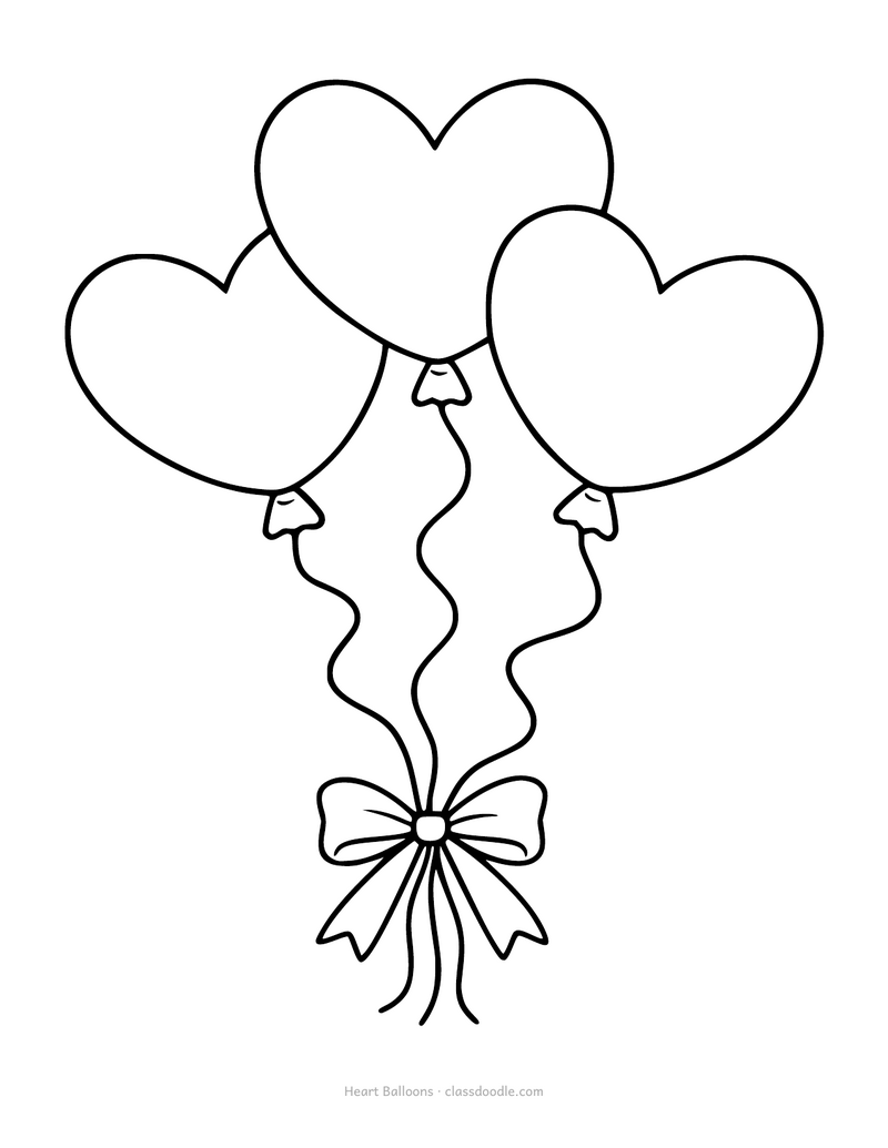 Heart balloons coloring page with three heart shaped balloons on curly strings