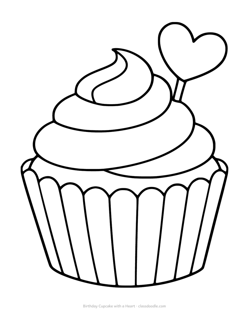 Birthday cupcake coloring page with a heart on top of the frosting
