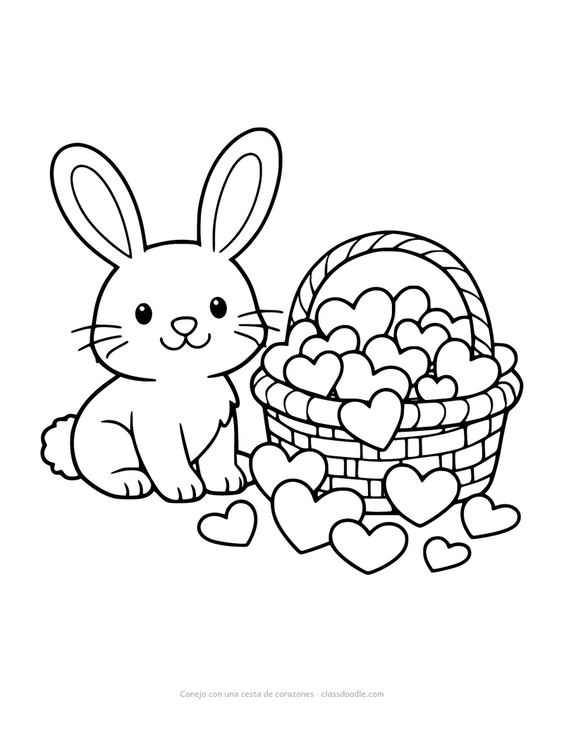 Conejo para colorear junto a una cesta llena de corazones