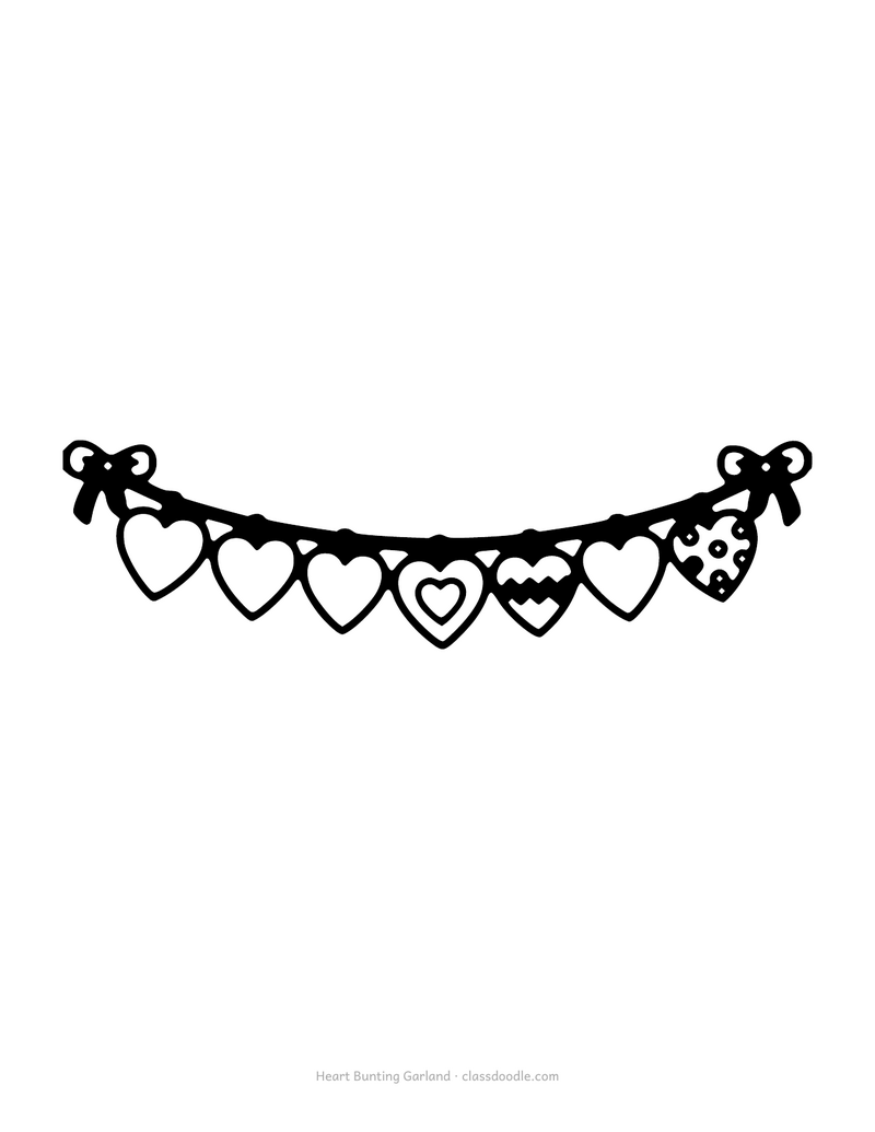 Heart bunting coloring page with heart shaped flags on a string