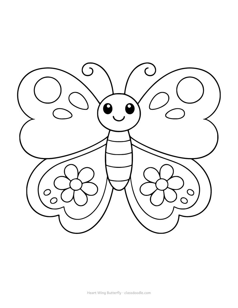 Butterfly coloring page with heart shaped lower wings and flower markings