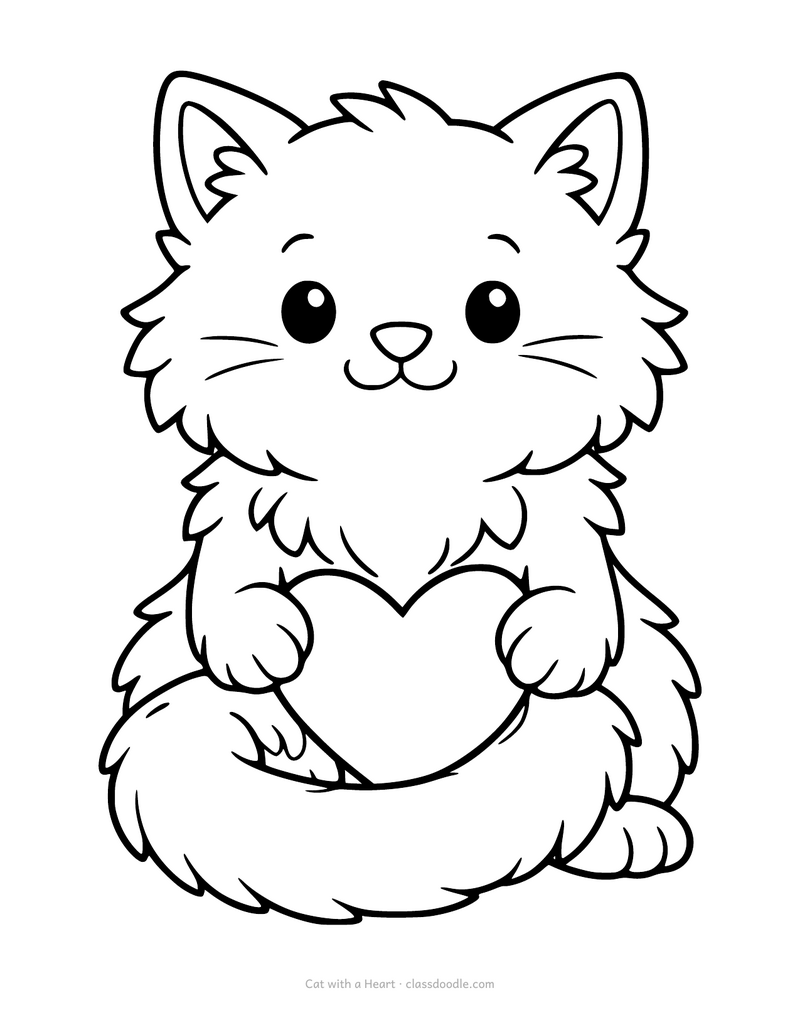 Cat coloring page with a cat curled around a heart between its paws