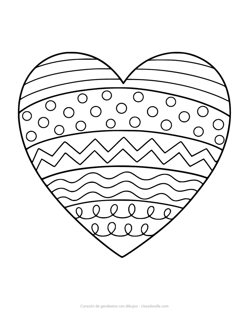 Corazón para colorear con franjas de rayas, lunares y zigzags