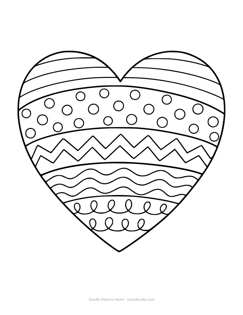 Doodle heart coloring page with bands of stripes, dots and zigzags inside the heart