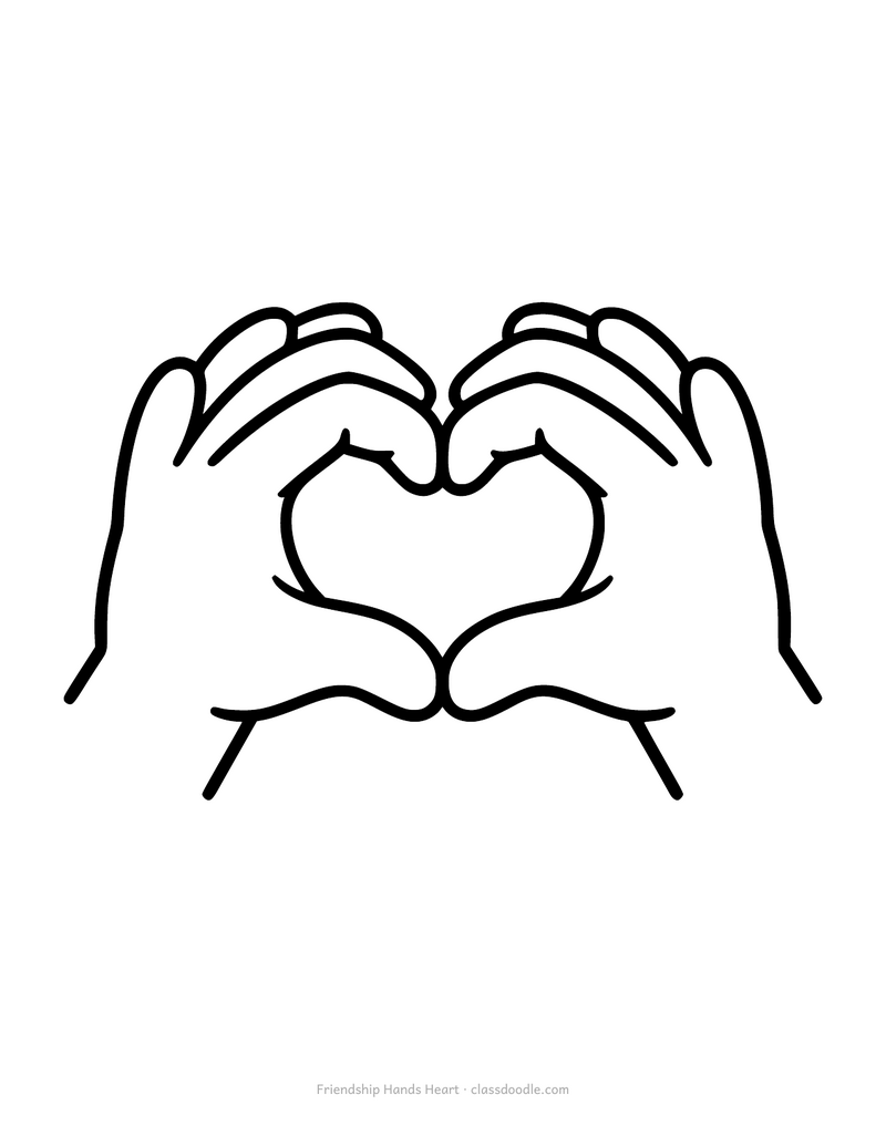 Friendship coloring page with two hands making a heart shape