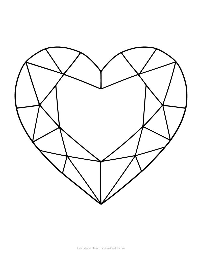 Gemstone heart coloring page with geometric facets like a cut jewel