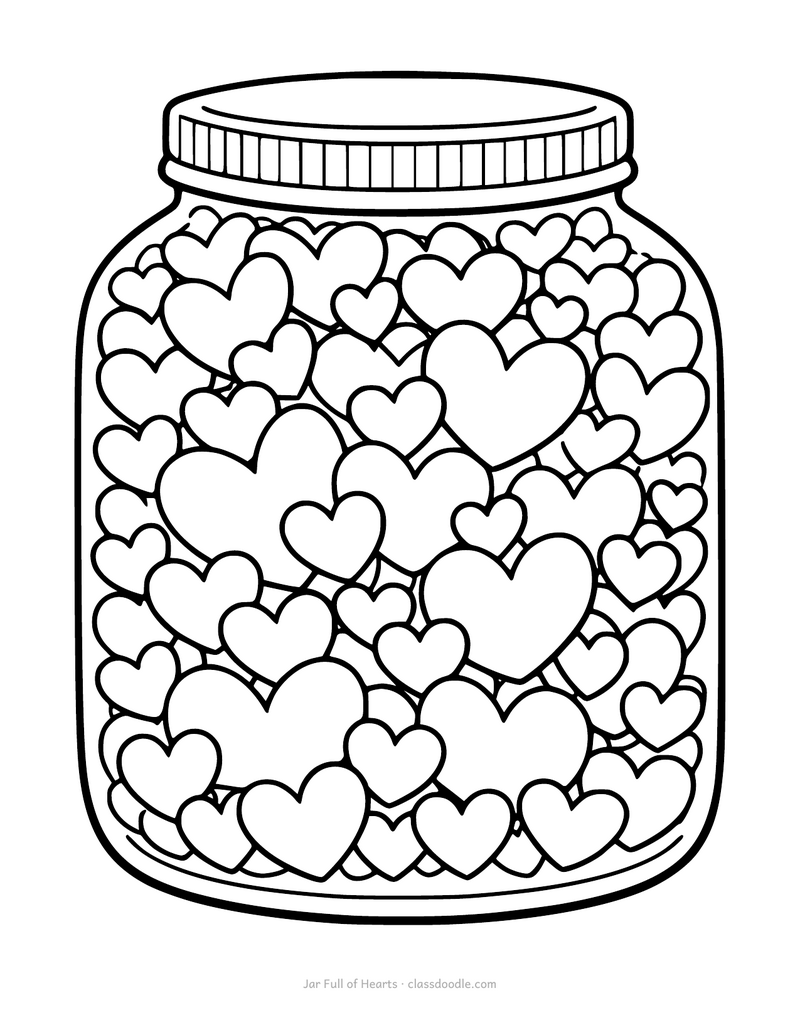 Coloring page of a glass jar filled with hearts of different sizes