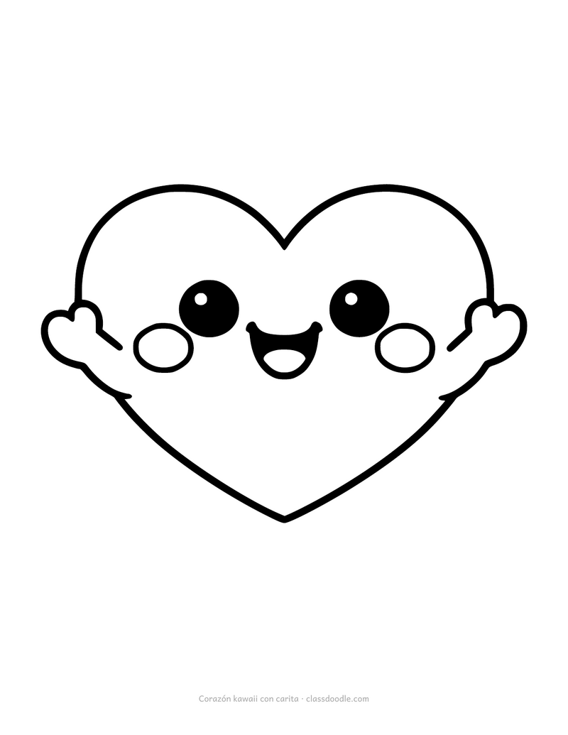 Corazón kawaii para colorear con cara sonriente y bracitos