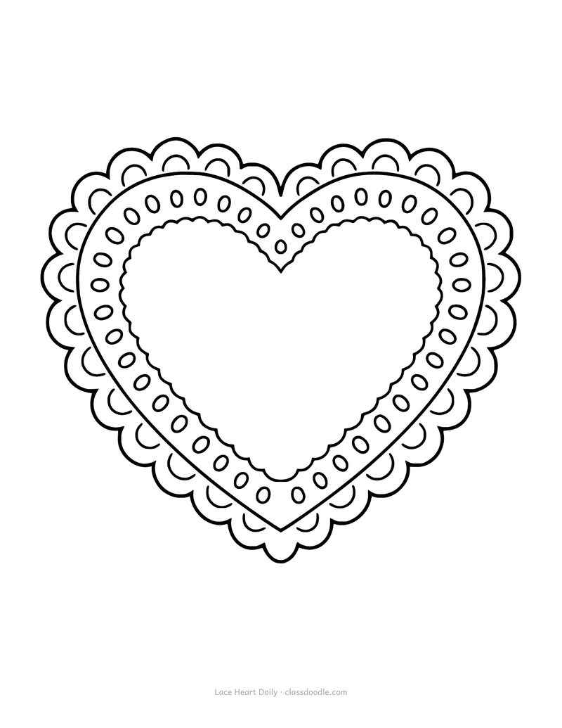 Lace heart coloring page shaped like a doily with scalloped edges