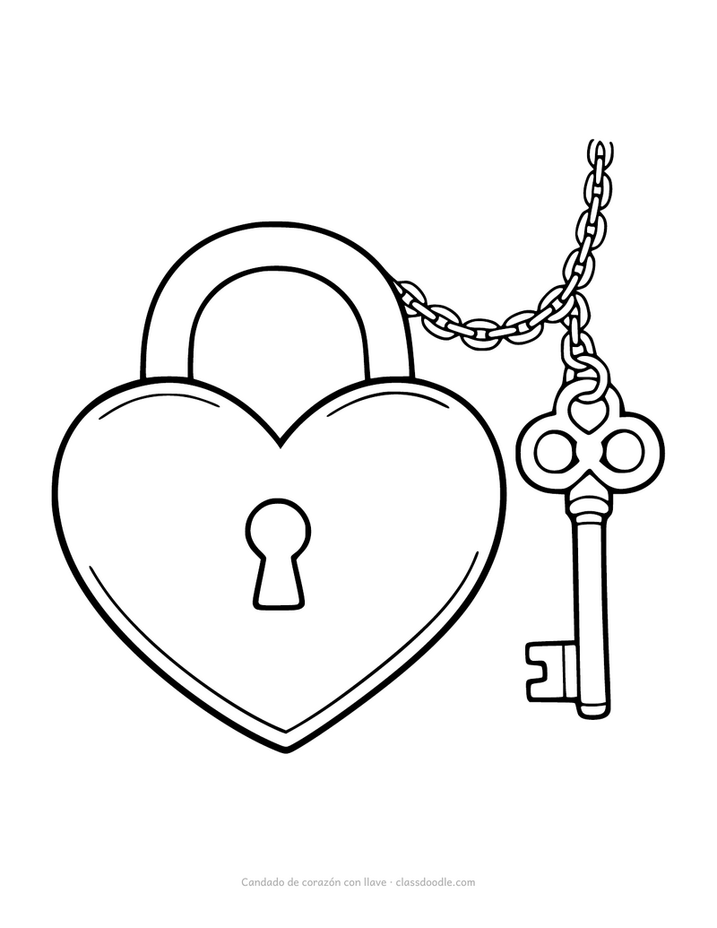Candado de corazón con llave para colorear