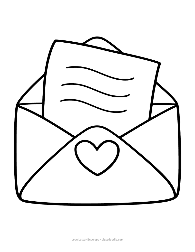 Love letter coloring page with an envelope, a letter and a heart seal