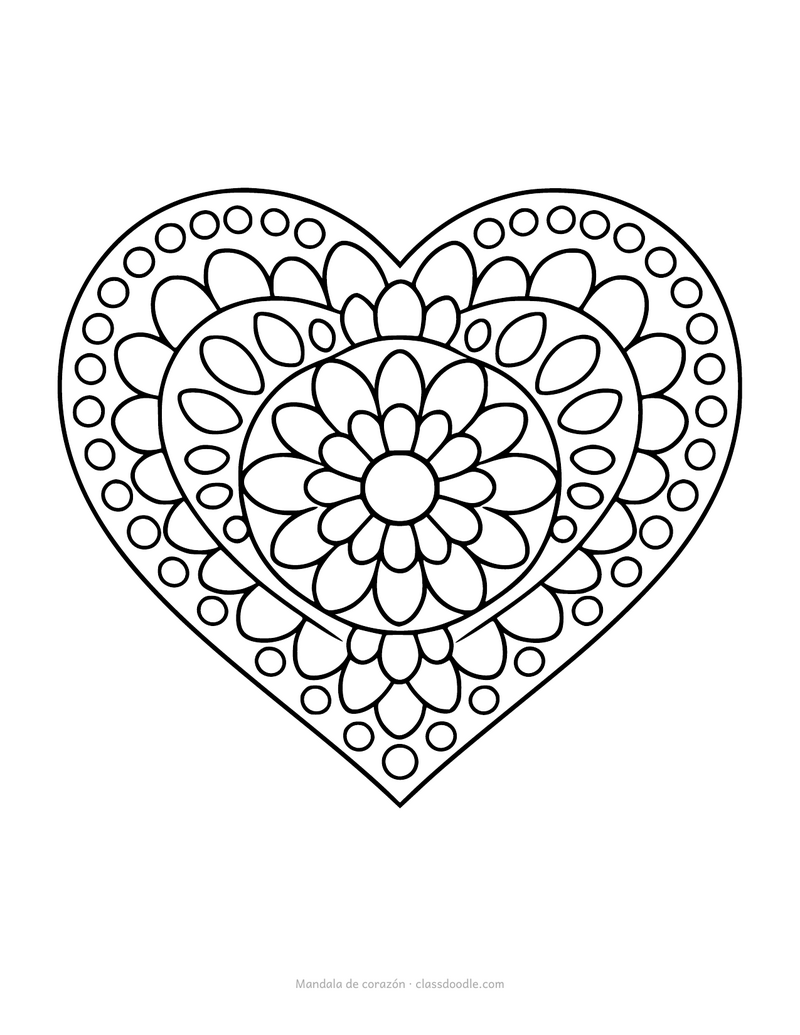 Mandala de corazón para colorear con pétalos y puntos simétricos