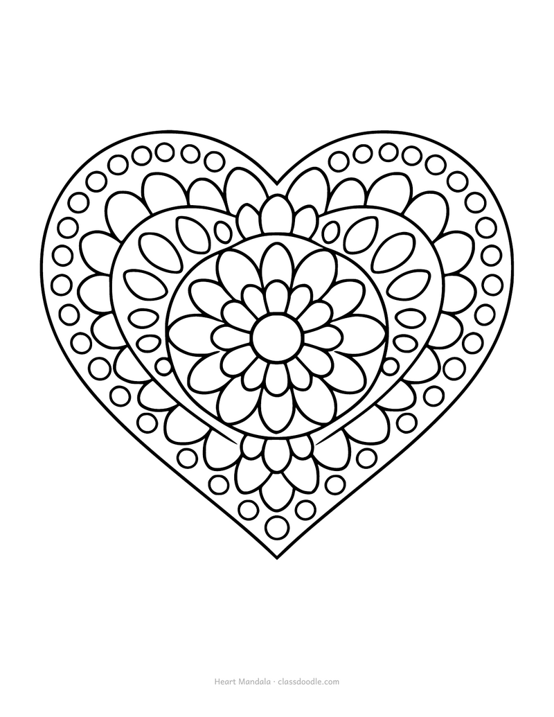 Heart mandala coloring page with symmetrical petals and dots inside a heart