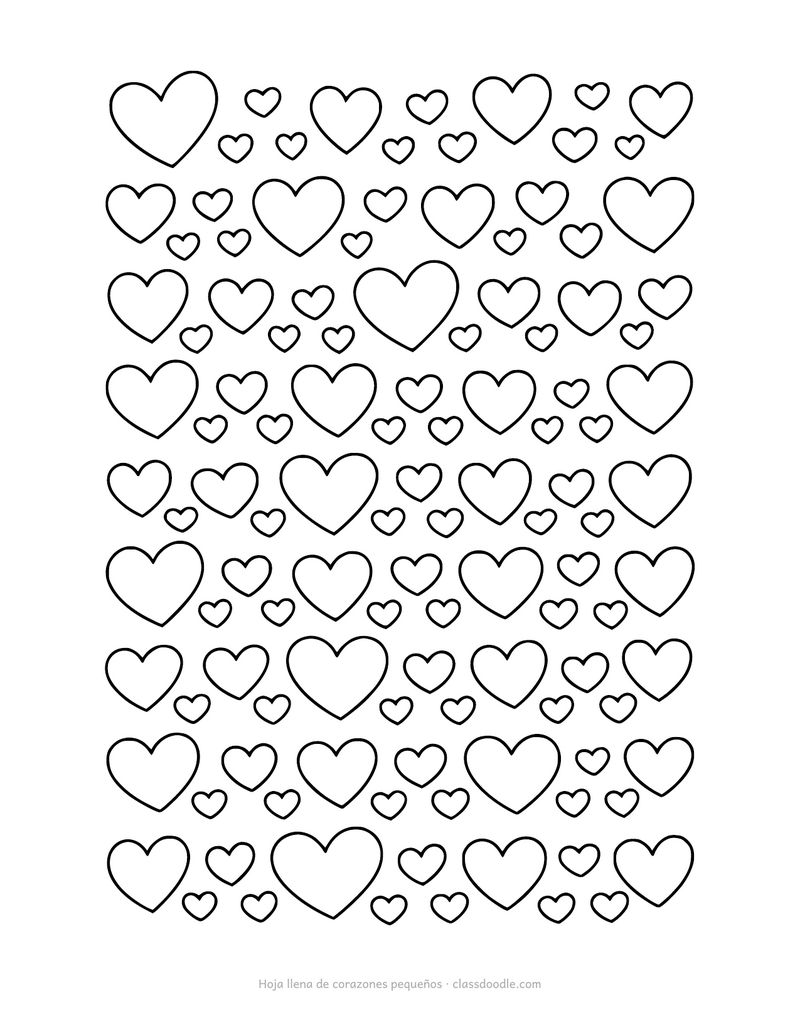 Hoja para colorear con filas de corazones pequeños de tres tamaños