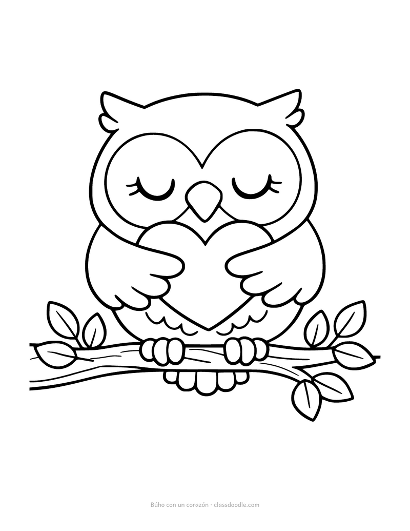 Búho para colorear en una rama sujetando un corazón
