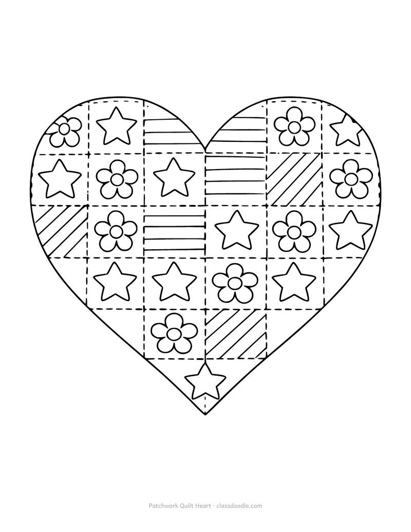 Patchwork heart coloring page made of quilt squares with small motifs