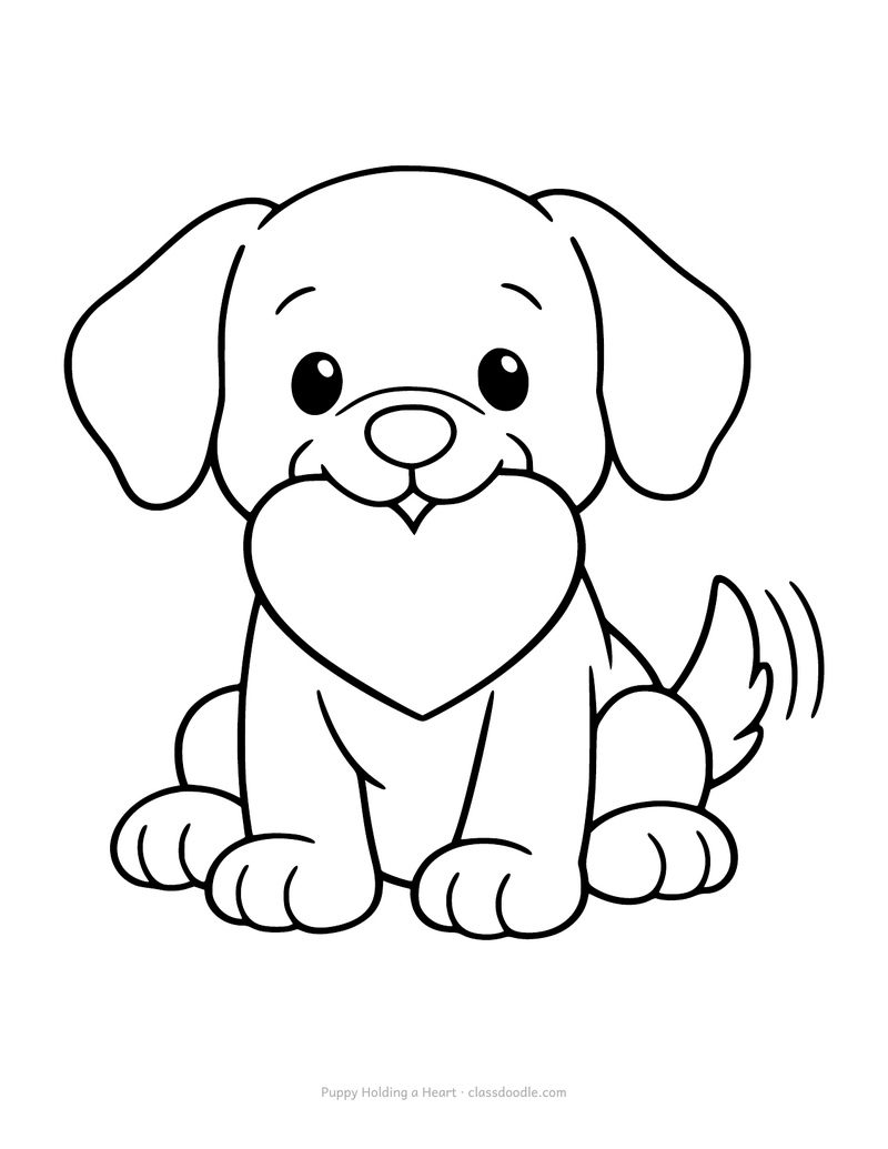 Puppy coloring page with a dog holding a heart in its mouth