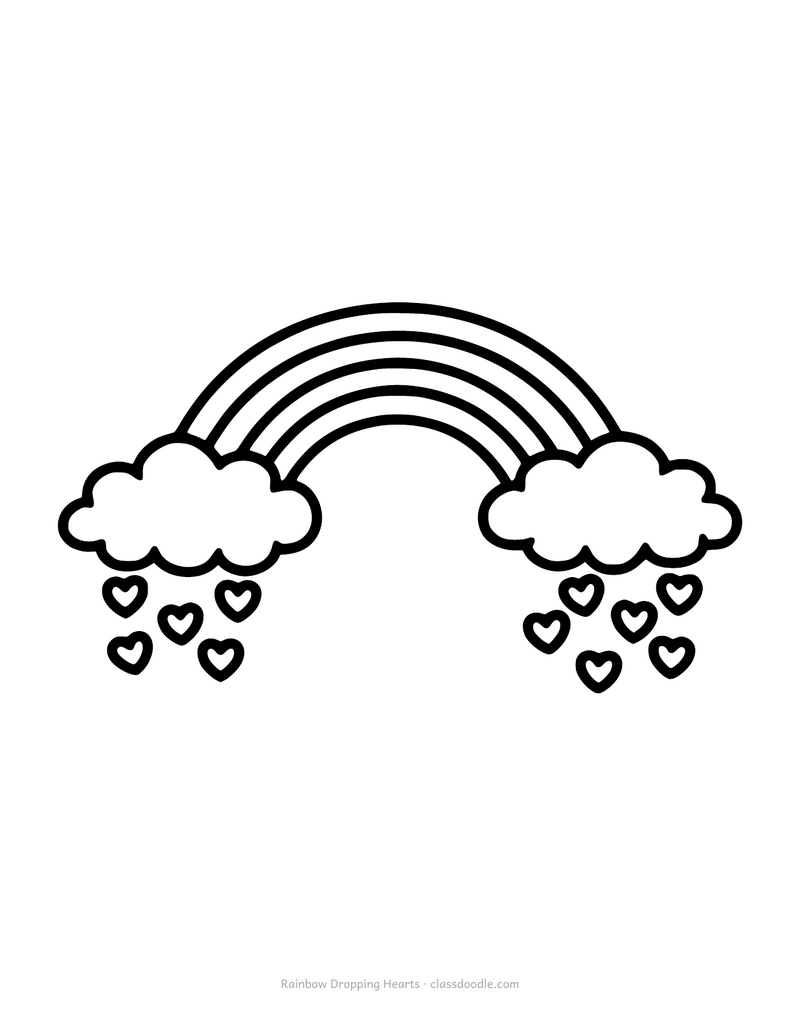 Rainbow and hearts coloring page with clouds and falling hearts