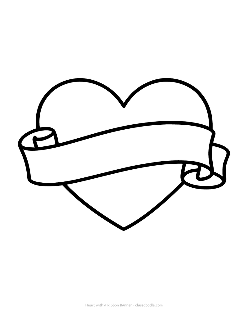 Heart with an empty ribbon banner coloring page to write a name on