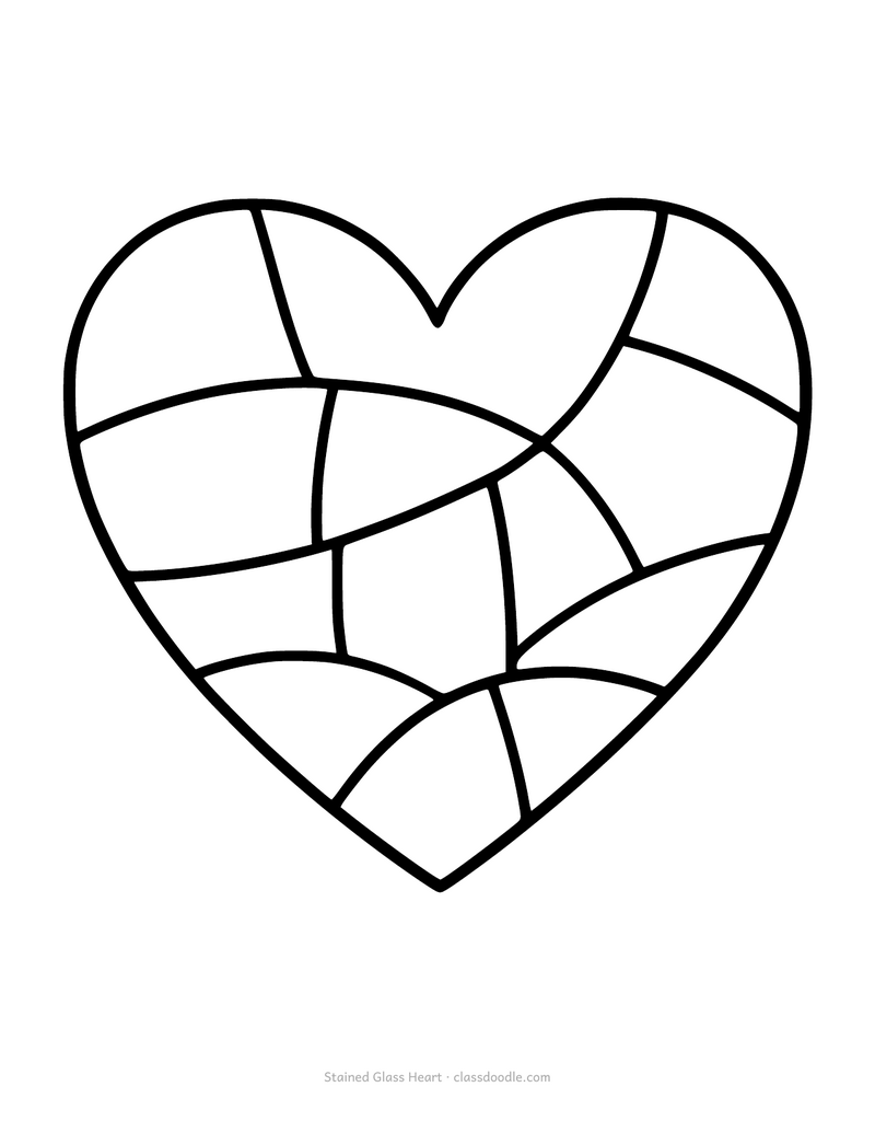 Stained glass heart coloring page with large panes inside a heart outline