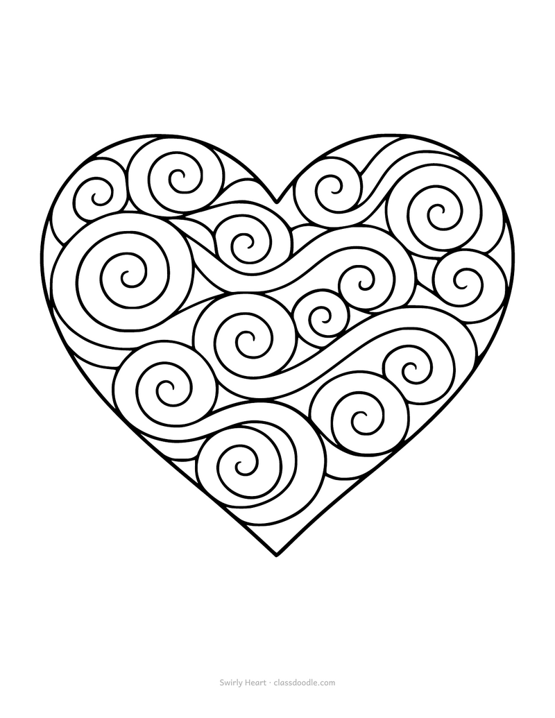 Swirly heart coloring page filled with curls and spirals to color