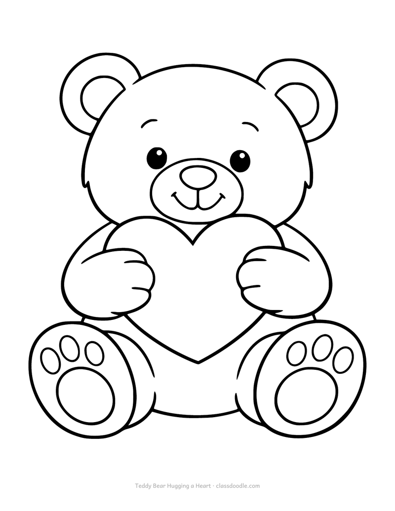 Teddy bear coloring page with a bear hugging a large heart