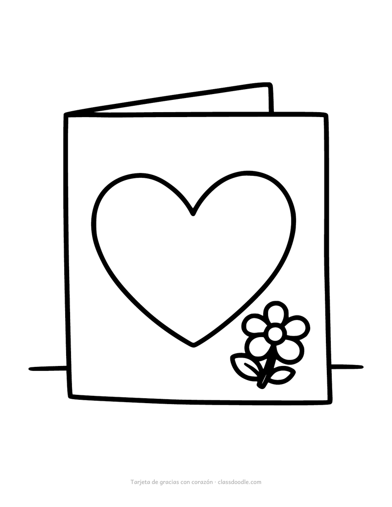 Tarjeta de agradecimiento con corazón y flor para colorear