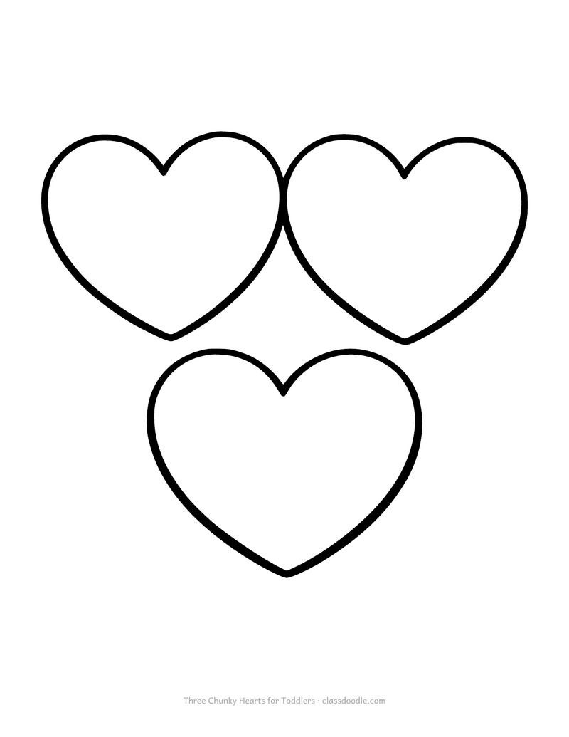 Easy heart coloring page for toddlers with three thick outlined hearts