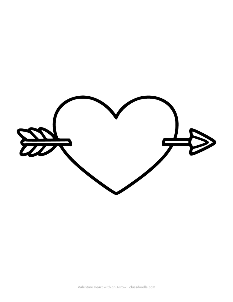 Valentine heart coloring page with an arrow through a large heart