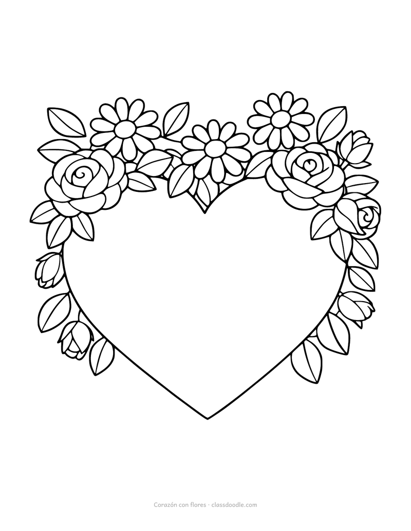 Corazón con flores para colorear, margaritas y rosas alrededor