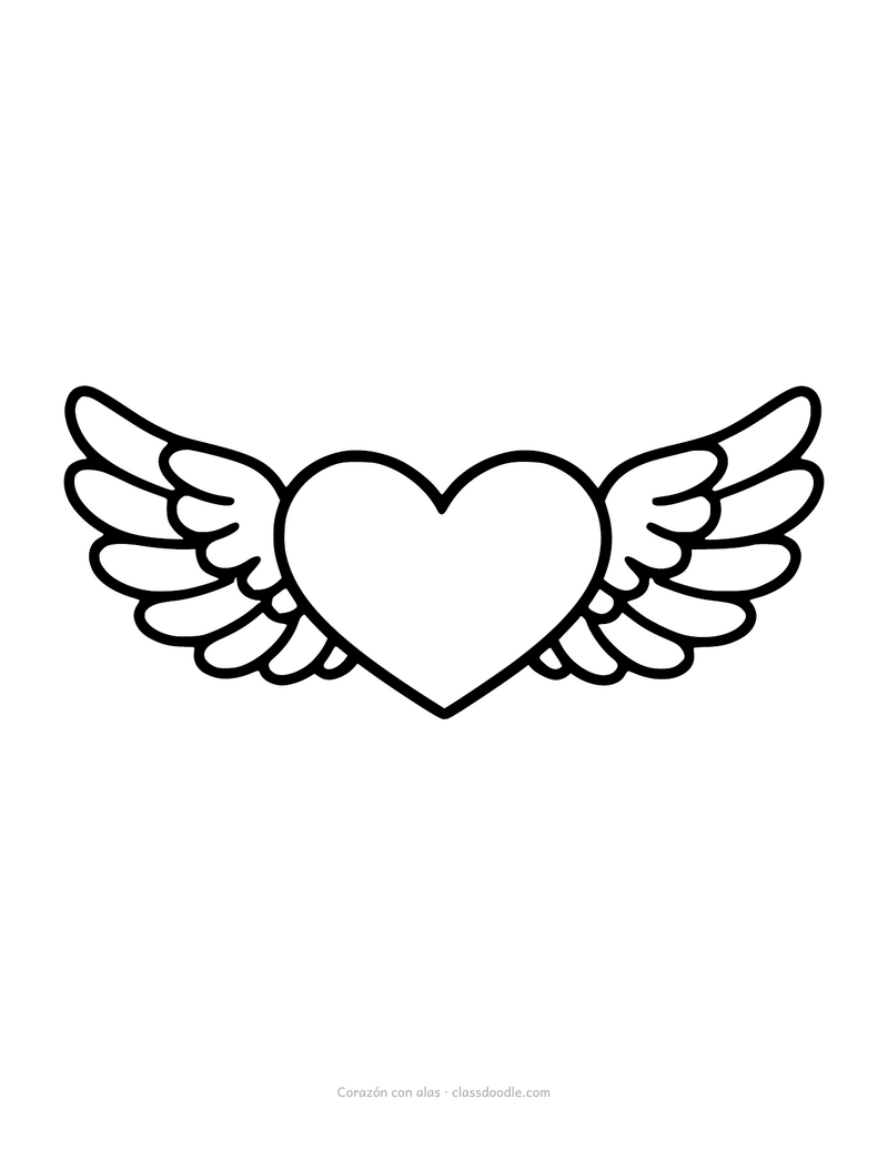 Corazón con alas para colorear entre dos alas de plumas