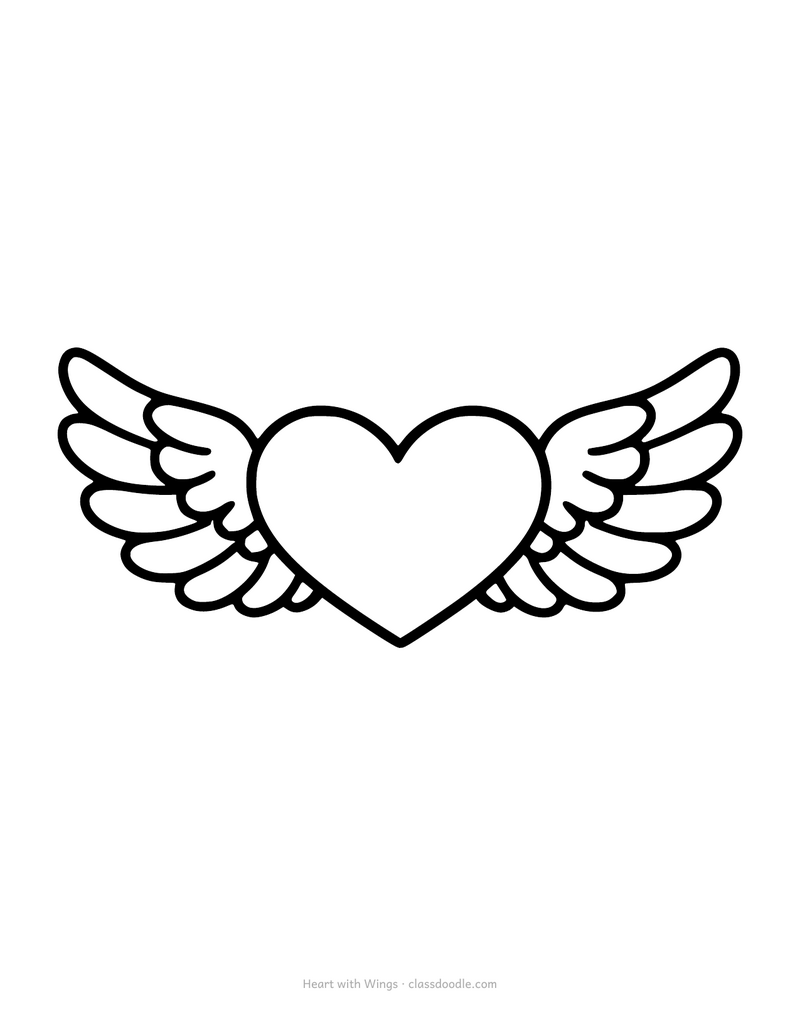 Heart with wings coloring page, a heart between two feathered wings