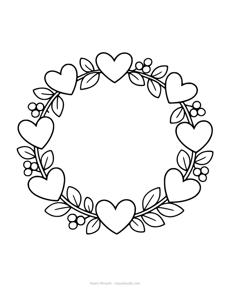 Heart wreath coloring page with hearts and leaves in a ring