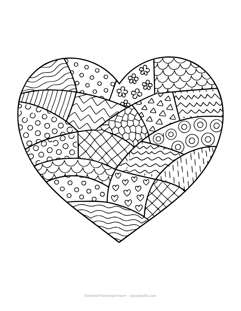 Detailed heart coloring page with many small patterned sections for older kids