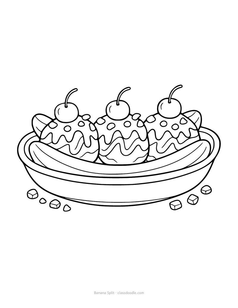 Banana split coloring page with three ice cream scoops and sauce