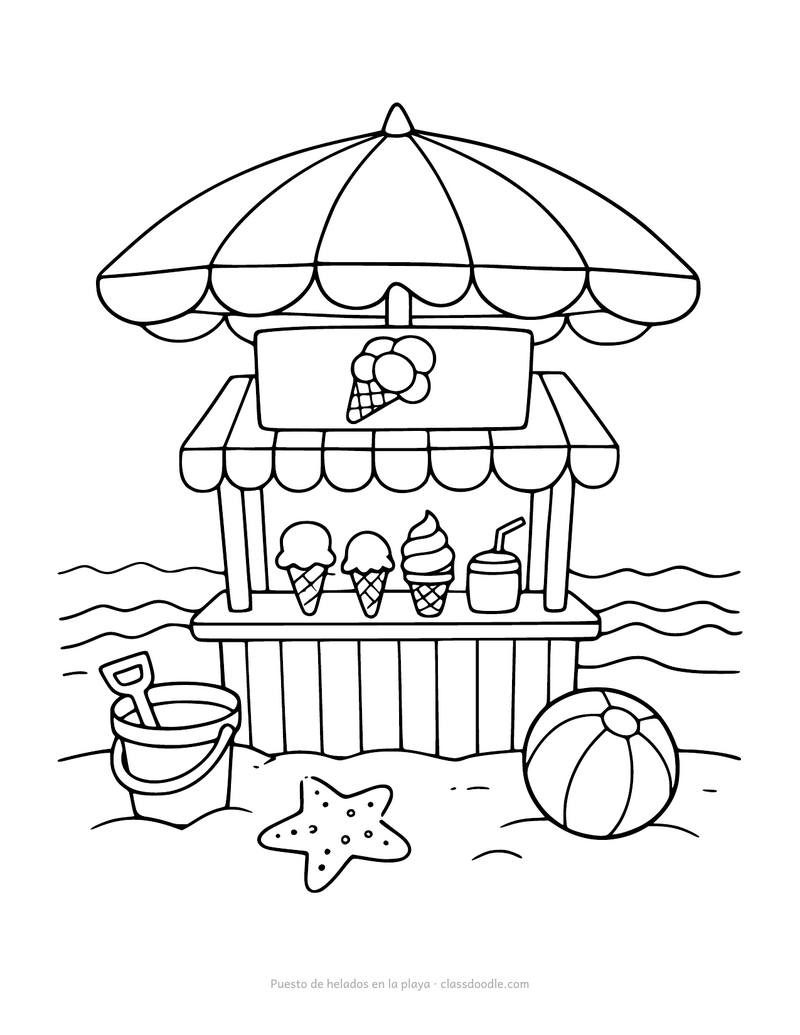 Puesto de helados en la playa para colorear con sombrilla, cubo y pelota