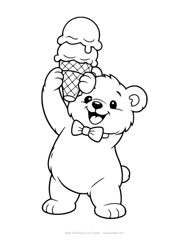 Bear coloring page with a bear cub holding a double scoop ice cream cone