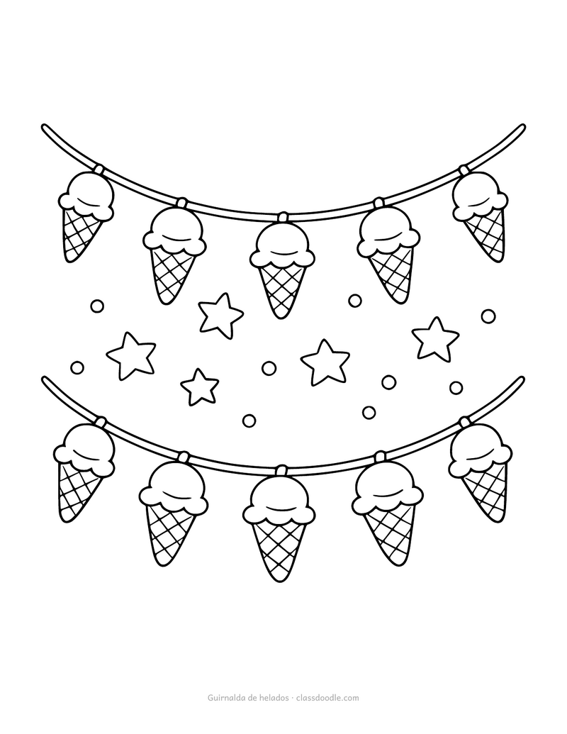 Helados para colorear colgados de una guirnalda de fiesta