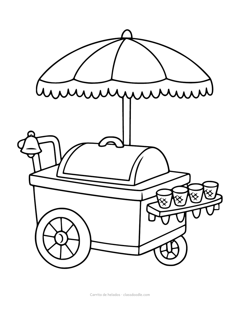 Carrito de helados para colorear con sombrilla, campanilla y conos