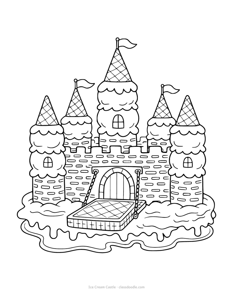 Ice cream castle coloring page with scoop towers and waffle cone roofs
