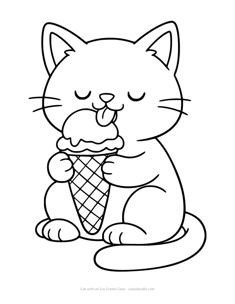 Cat coloring page with a cat licking a big ice cream cone