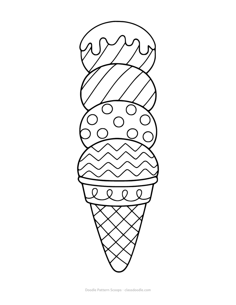 Ice cream coloring page with four scoops of stripes, dots and zigzags