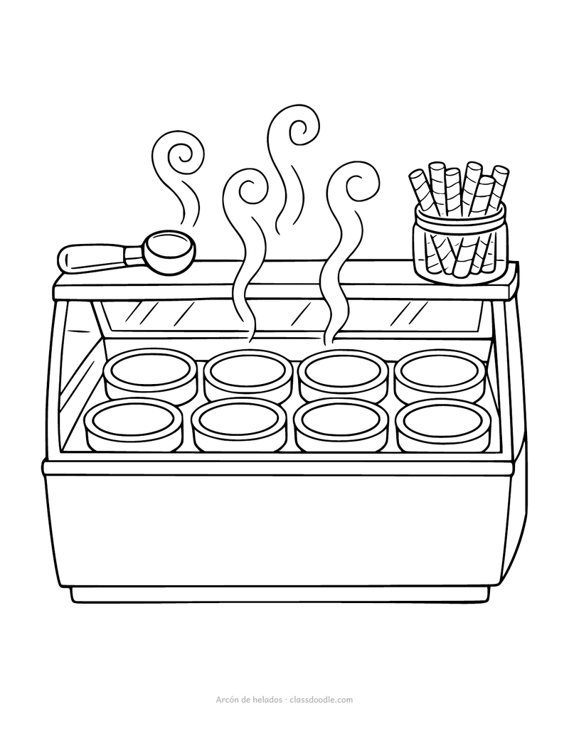 Arcón de helados para colorear con filas de cubetas y una cuchara
