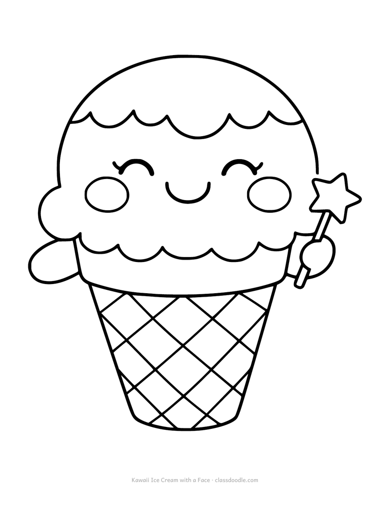Kawaii ice cream coloring page with a smiling cone, cheeks and little arms