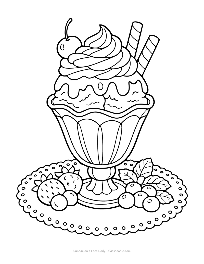 Detailed ice cream coloring page with a sundae on a lace doily